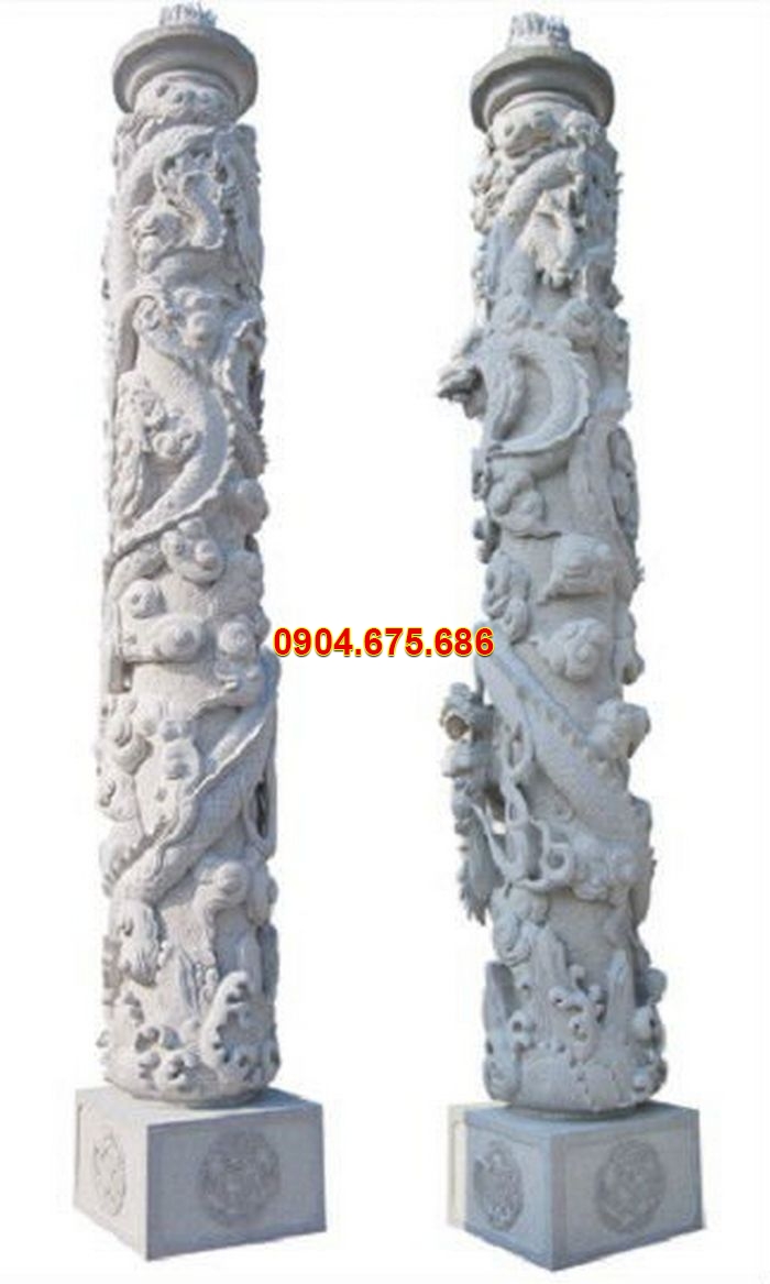 Mẫu cột cổng đá xanh nguyên khối chạm khắc hoa văn đẹp